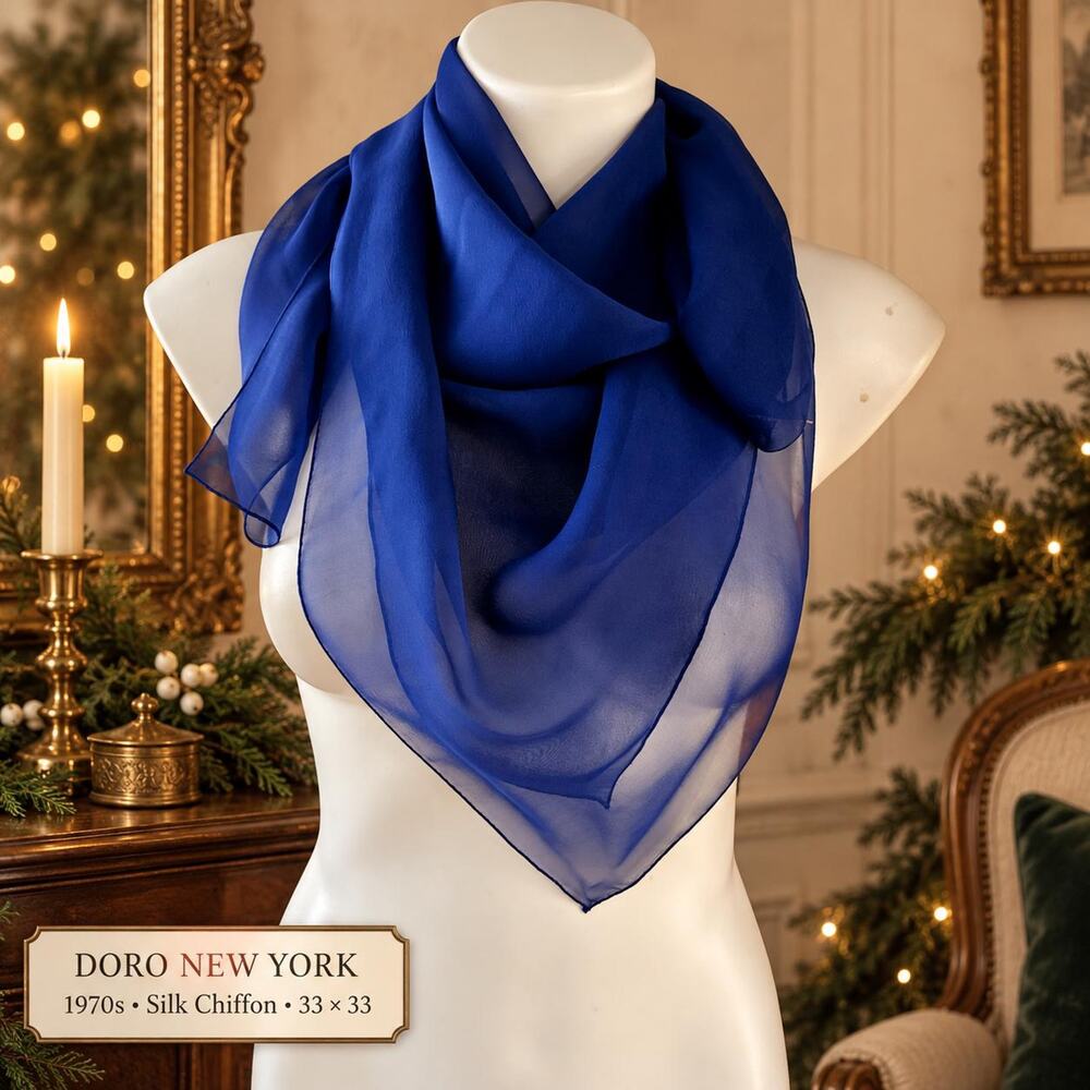 Vintage Doro New York 1970s Silk Chiffon Scarf Royal Blue 33x33